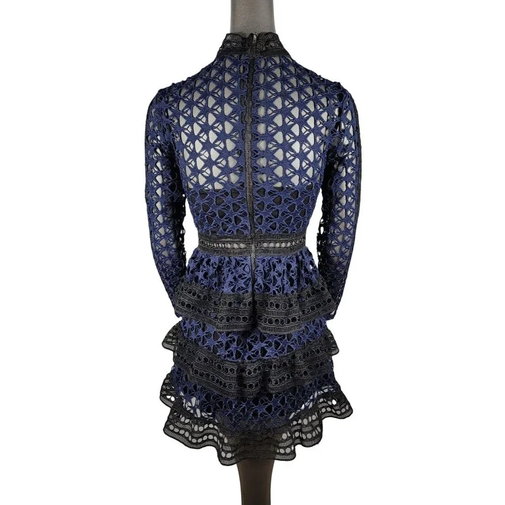 Self Portrait Blue Dress Black Lace Tiered Ruffle Mini Peplum 2